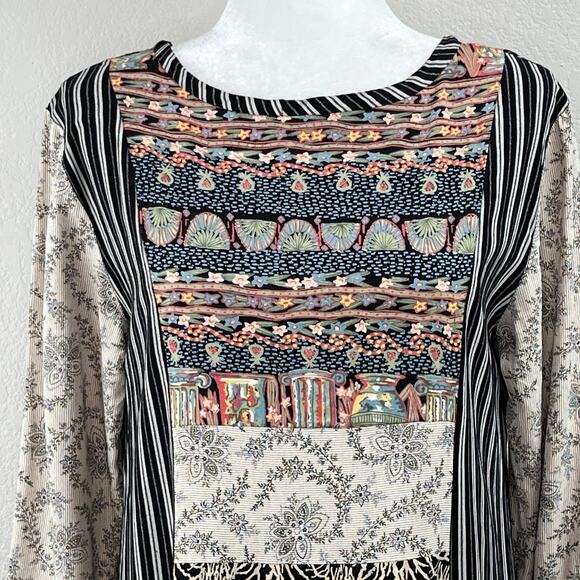 Black Stripe Floral Mixed Print 3/4 Sleeve Eclectic Boho Maxi Shift Dress Medium - Picture 4 of 14